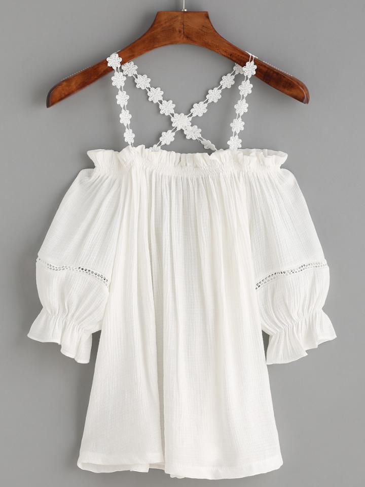 Shein White Flower Lace Strap Cold Shoulder Top
