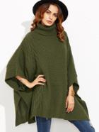 Shein Olive Green Mixed Knit Turtleneck Cape Sweater
