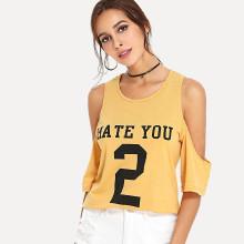 Shein Letter Print Open Shoulder Top