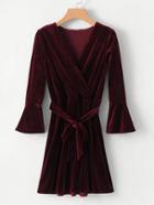 Shein Self Tie Flounce Sleeve Velvet Dress