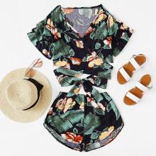 Shein Self Tie Tropical Print Wrap Top With Shorts