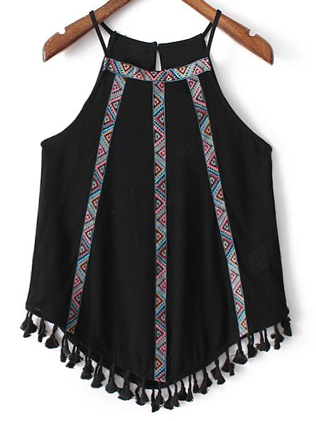 Shein Black Fringed Hem Embroidery Spaghetti Strap Tank Top