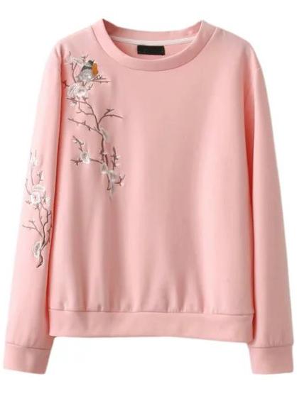 Shein Pink Plum Embroidery Casual Sweatshirt