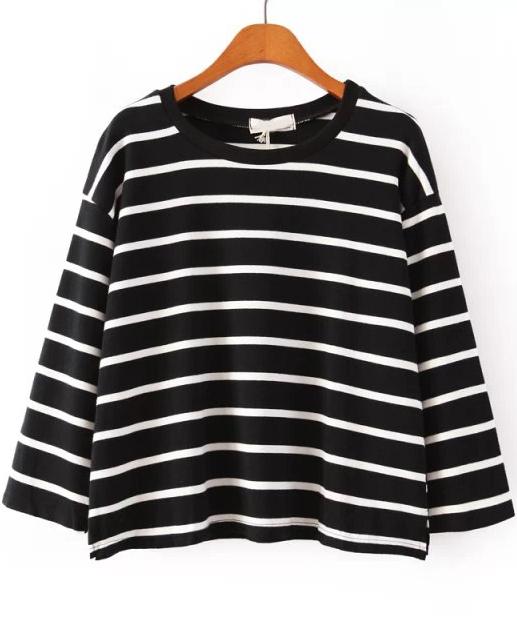 Shein Black Long Sleeve Striped Crop T-shirt