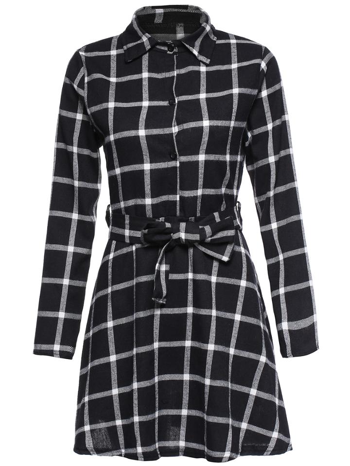 Shein Black Plaid Shirt Dress With Belt