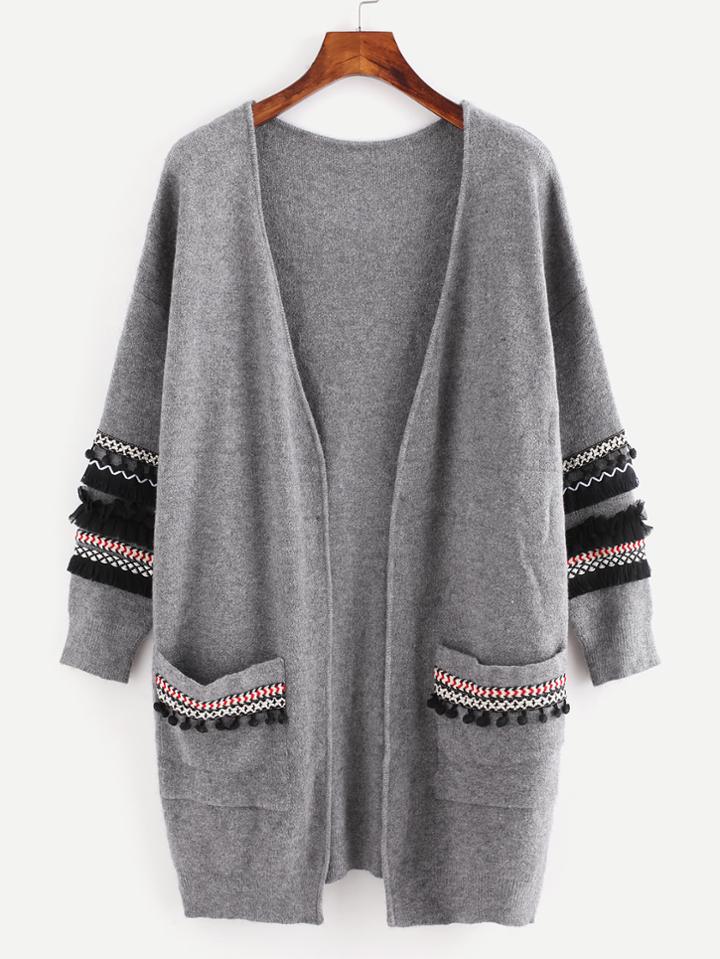 Shein Chevron Patch Pompom And Fringe Detail Cardigan