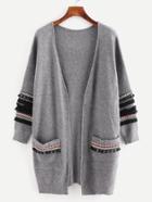 Shein Chevron Patch Pompom And Fringe Detail Cardigan