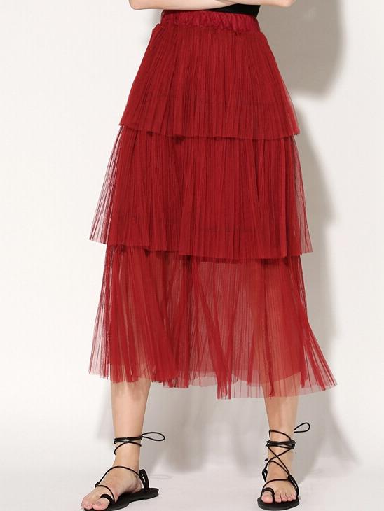 Shein Maroon Pleated Tiered Mesh Skirt
