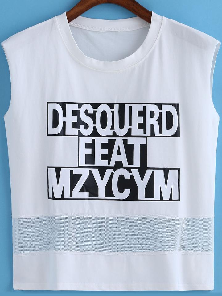 Shein White Round Neck Letters Print Tank Top