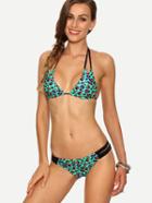 Shein Contrast Trim Green Leopard Print Bikini Set