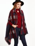 Shein Navy And Red Eyelash Fringe Striped Fuzzy Shawl