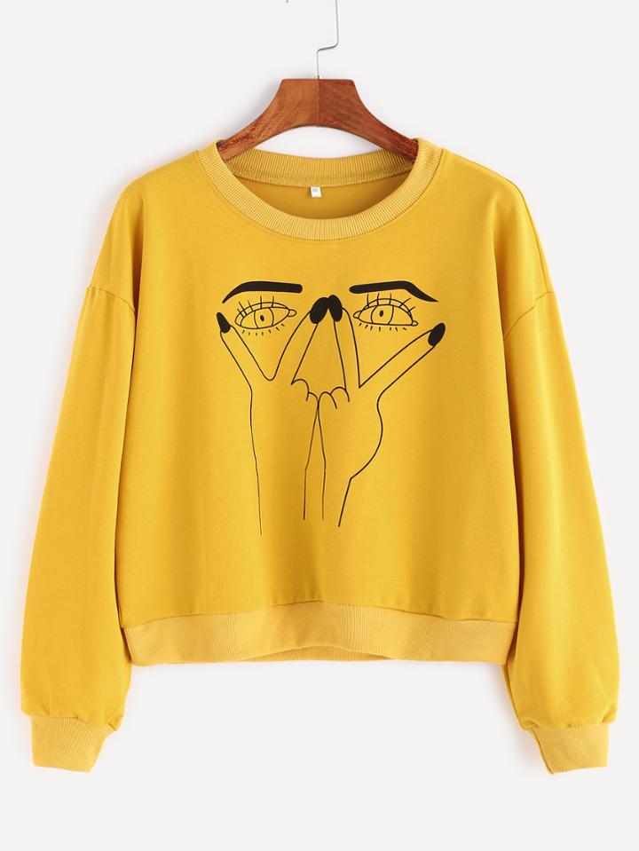 Shein Yellow Gesture Print Contrast Trim Sweatshirt