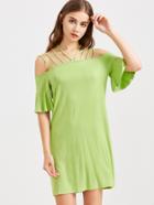 Shein Green Strappy Cold Shoulder Ruffle Sleeve Dress