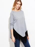 Shein Grey Raglan Sleeve Fringe Asymmetric Hem T-shirt