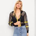 Shein Tape Detail Mesh Hooded Jacket Without Bra