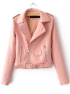 Shein Pink Faux Leather Belted Moto Jacket With Zipper
