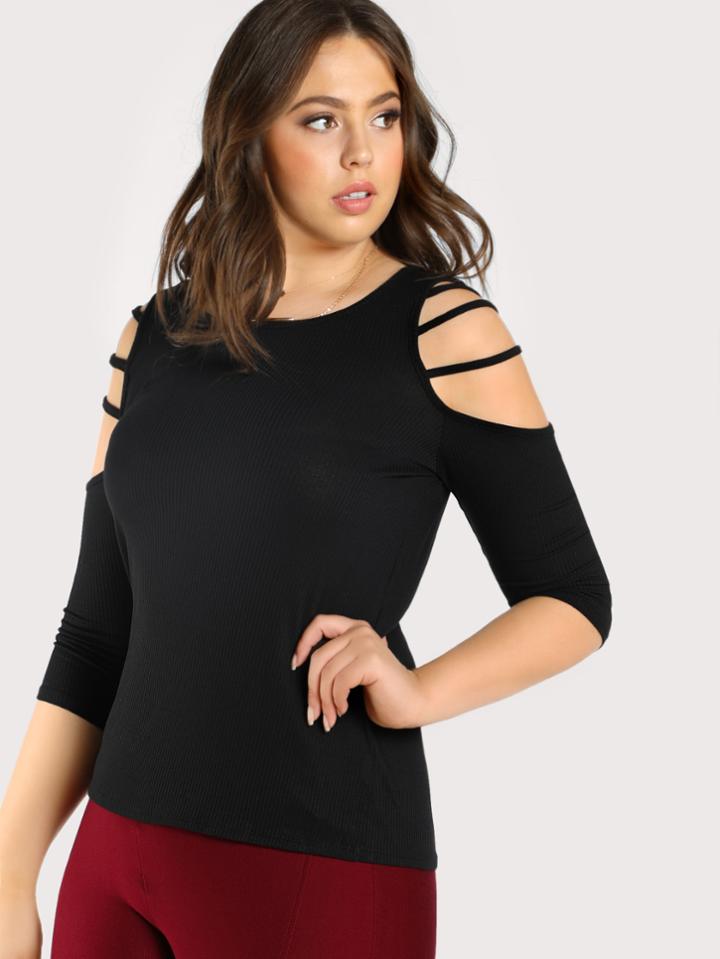 Shein Strappy Open Shoulder Rib Knit Tee