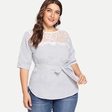 Shein Plus Striped Contrast Lace Belted Blouse