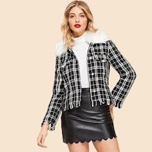 Shein Button Front Faux Fur Contrast Plaid Jacket