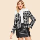 Shein Button Front Faux Fur Contrast Plaid Jacket