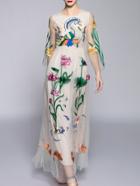 Shein Apricot Sheer Sleeve Embroidered Gauze Maxi Dress