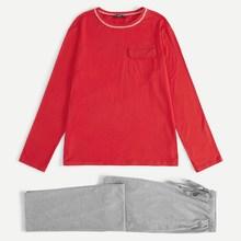 Shein Men Contrast Stitch Flap Pocket Top And Pants Pj Set