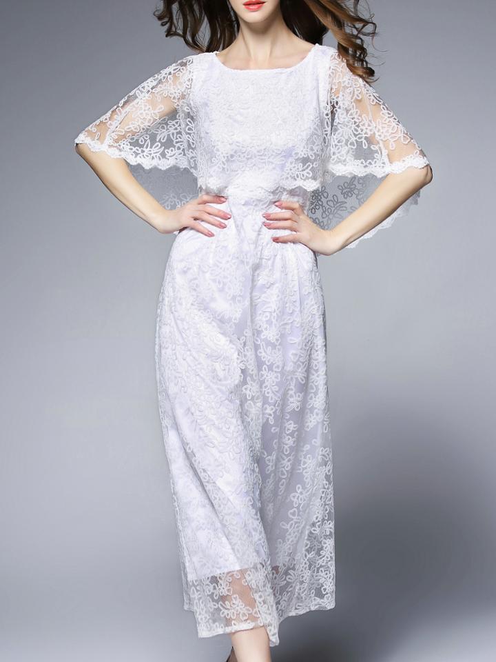 Shein White Gauze Embroidered Cape Lace Maxi Dress
