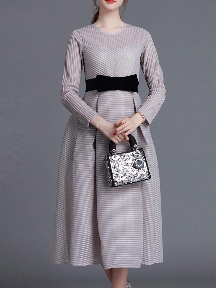 Shein Grey Pleated Bowknot A-line Dress