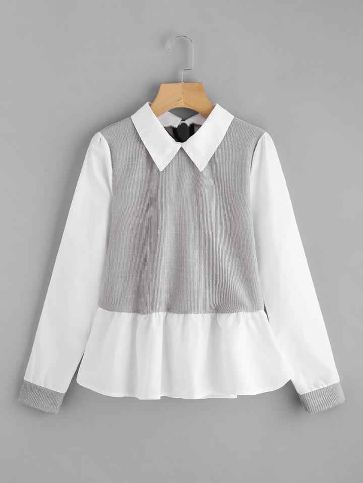 Shein Ribbed Contrast Ruffle Blouse