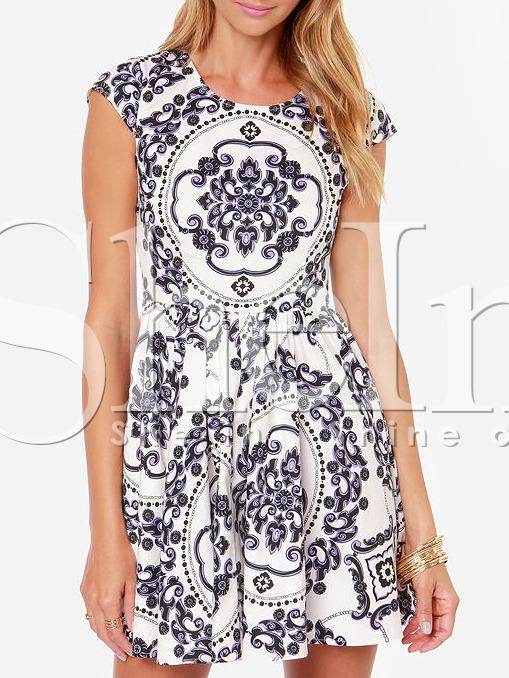 Shein White Cap Sleeve Antique Vintage Print Dress