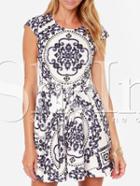 Shein White Cap Sleeve Antique Vintage Print Dress