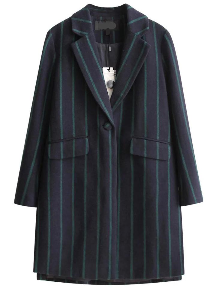 Shein Navy Contrast Striped Single Button Wool Blend Coat