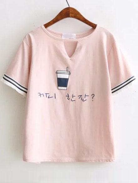 Shein Pink Cup Print Cut Out Fringe Trim Tee