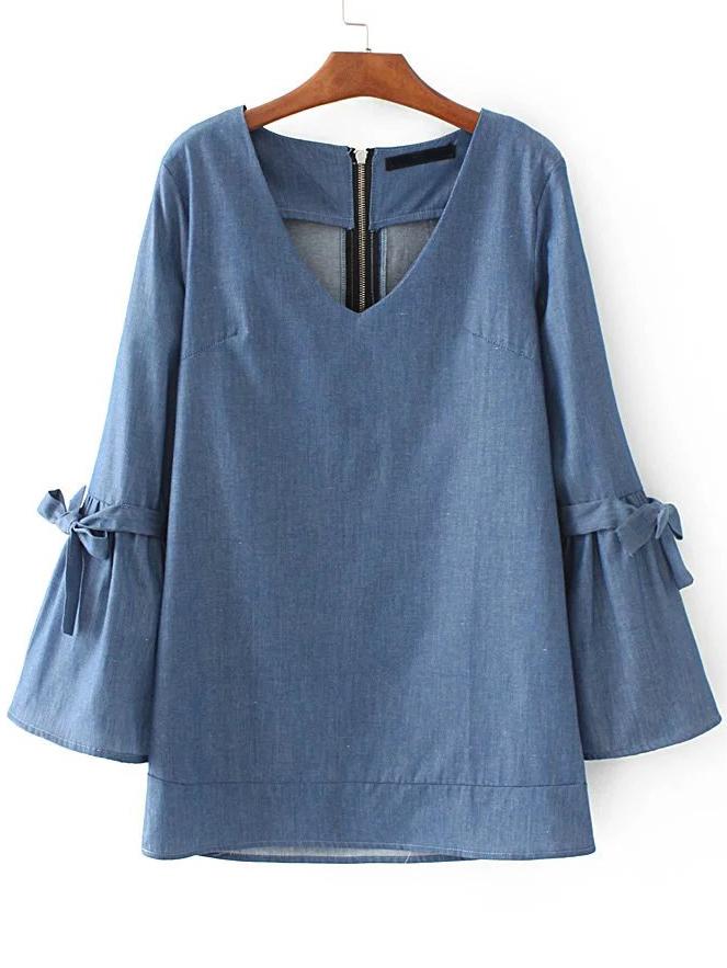 Shein Blue V Neck Tie Detail Zipper Back Denim Blouse