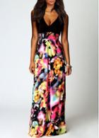 Rosewe Enchanting Plunging Neckline Sleeveless Printed Maxi Dress
