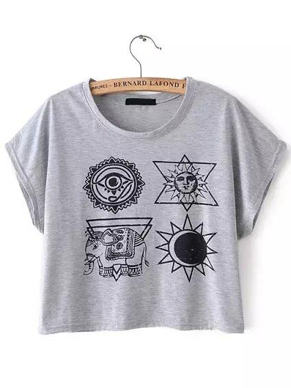 Shein Grey Short Sleeve Elephant Print Crop T-shirt