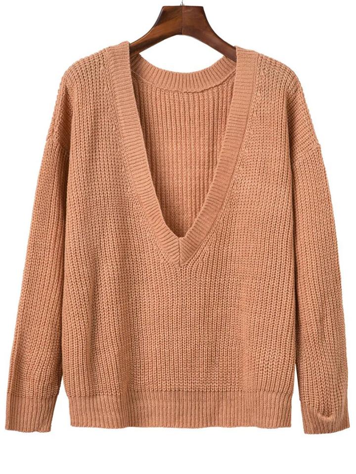 Shein Khaki Ribbed V Neck Drop Shoulder Sweater