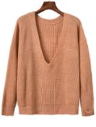 Shein Khaki Ribbed V Neck Drop Shoulder Sweater