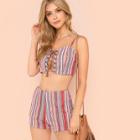 Shein Lace Up Front Crop Cami Top & Shorts Set