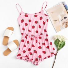 Shein Strawberry Print Drawstring Waist Ruffle Romper