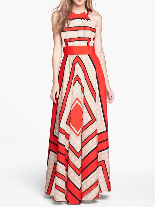 Shein Red Halter Self-tie Striped Maxi Dress