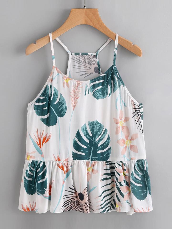 Shein Tropical Print Ruffle Hem Cami Top