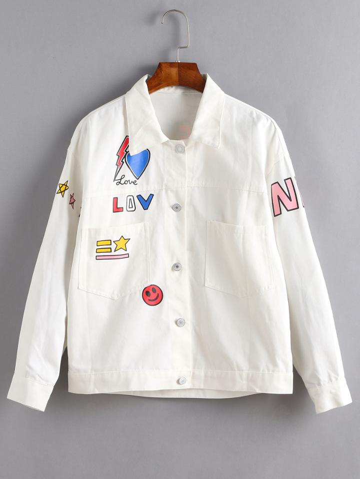 Shein White Smile Face Print Pocket Jacket