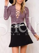Shein Purple Hollow Out Neck Ribbed T-shirt
