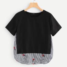 Shein Plus Flower Embroidered Mixed Media Tee