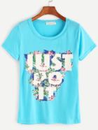 Shein Blue Flower Print Short Sleeve T-shirt