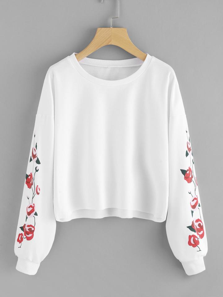 Shein Drop Shoulder Florals Raw Hem Crop Pullover