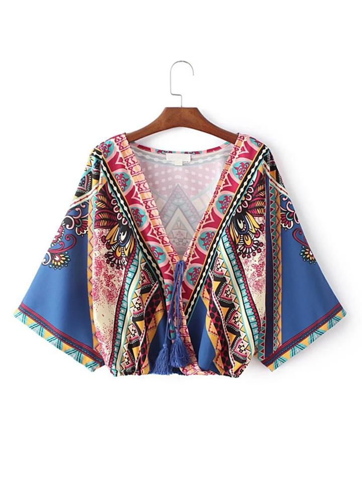 Shein Plunging V-neckline Batwing Sleeve Tassel Tie Top