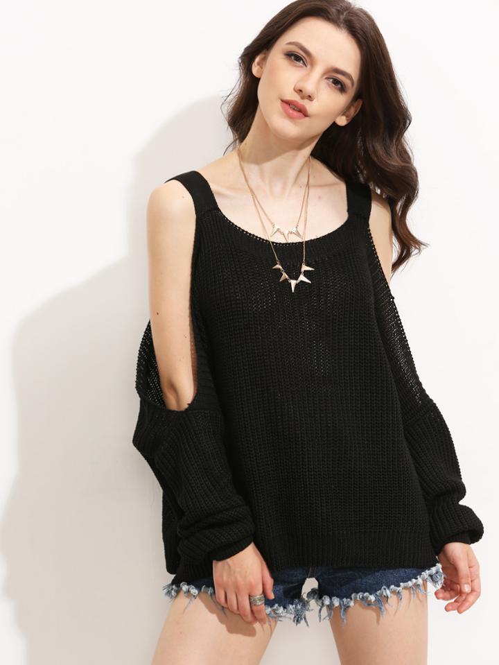 Shein Black Cold Shoulder U Back Long Sleeve Sweater