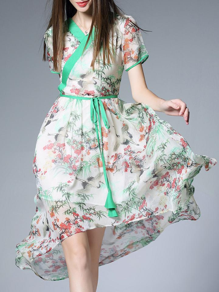 Shein White V Neck Tie-waist Floral High Low Dress